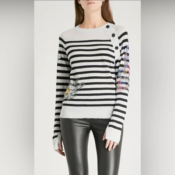 Zadig & Voltaire Reglis Bis Cashmere Long Sleeve Sweater Light Gray & Black S - Picture 1 of 10